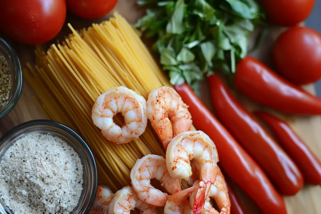 Current image: picture of Cajun shrimp pasta ingredients