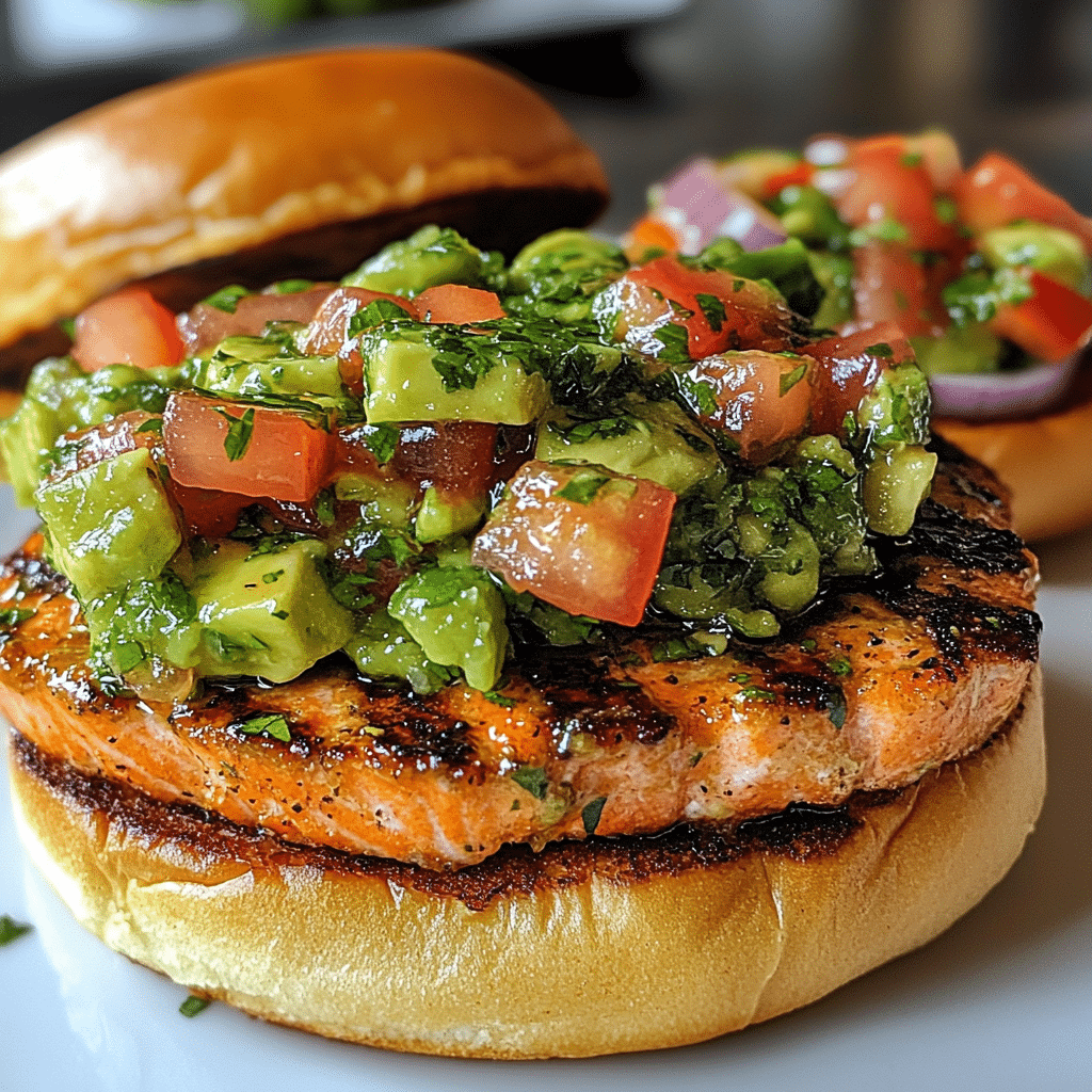 Savory Salmon Burger with Avocado Salsa & Spicy Aioli - Scarlet Recipes featured image