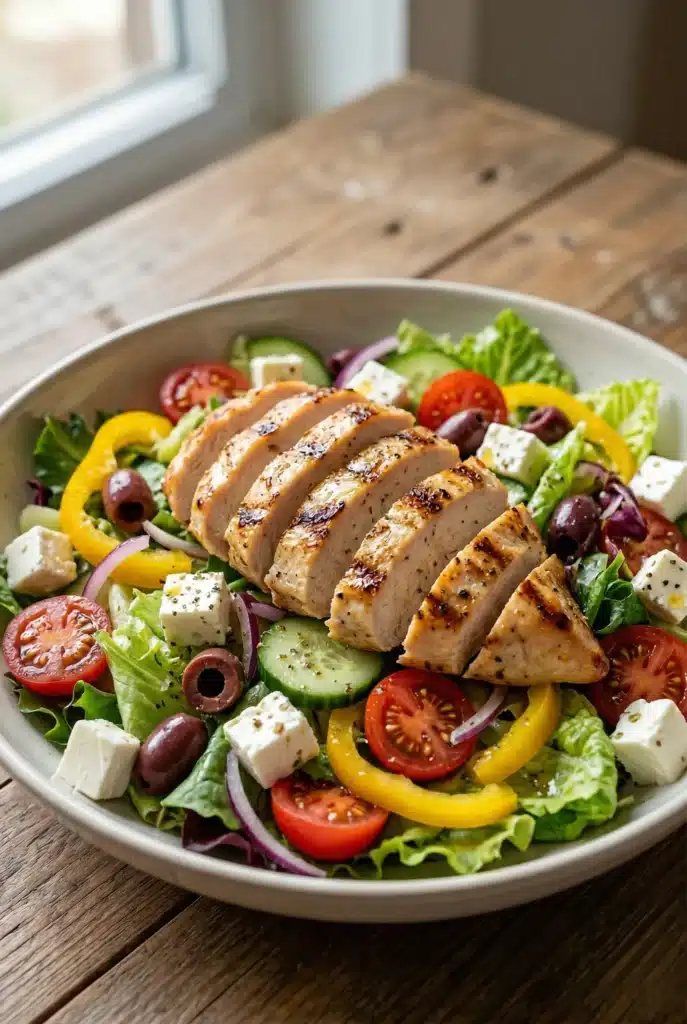 Grilled Chicken Greek Salad with Feta and Avocado Twist - Scarlet Recipes