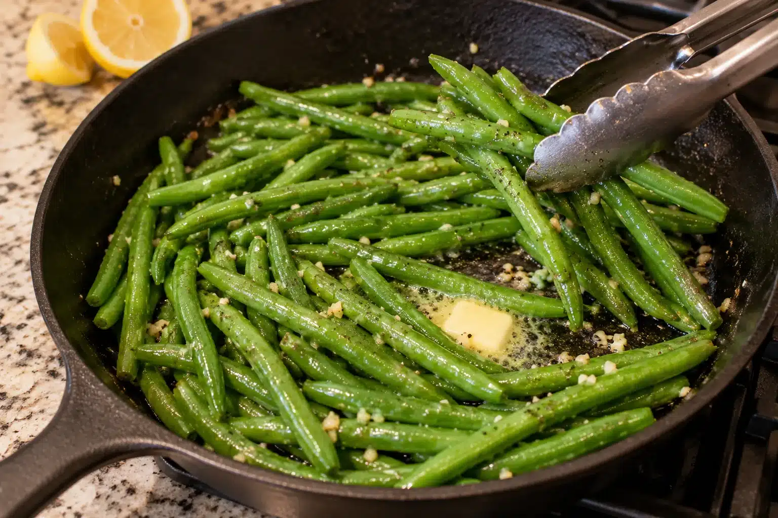 Green beans in a skillet with minced garlic and butter, with lemon ready for finishing